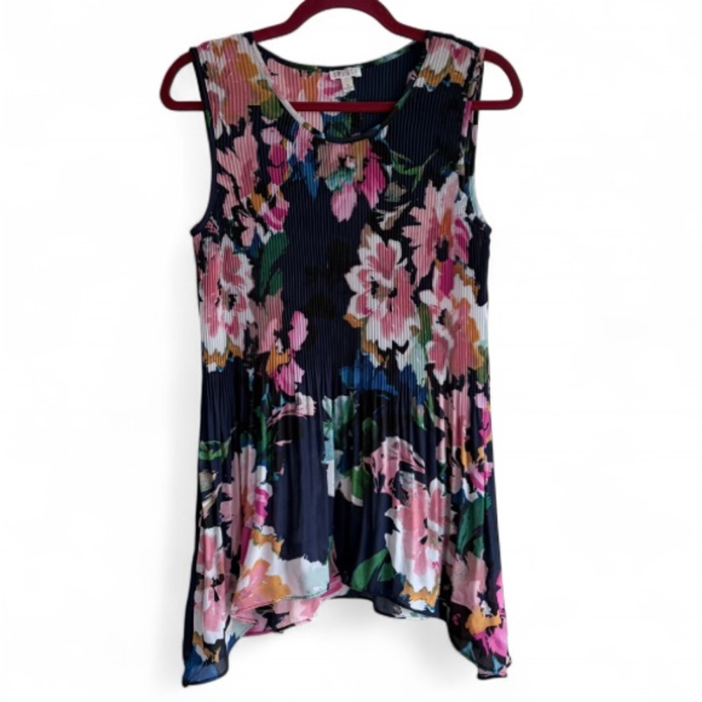 Spense Navy Blue Pleated Chiffon Floral Sleeveless Blouse Size M